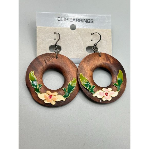 Vintage Statement Earrings Wood Rings w Cloisonne Flowers Sterling Silver Hooks - Picture 2 of 6